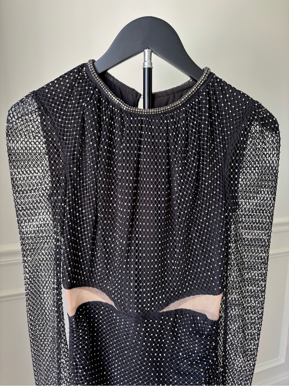 Self-Portrait Black Beaded Mesh Long Sleeve Cutout Midi Dress - Picture 5 of 5